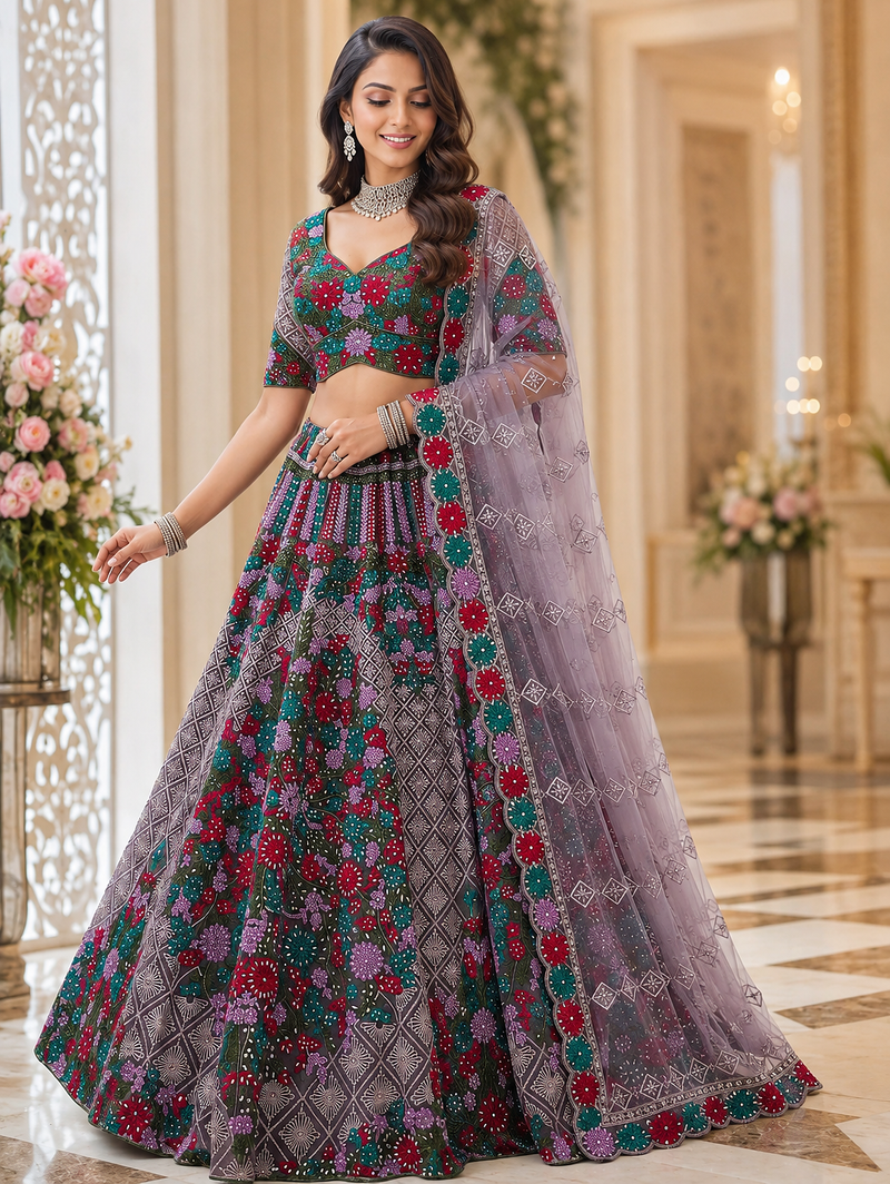 multicolor color Hand Mirror work Chain Embroidered Floral Patten Net Lehenga Choli set