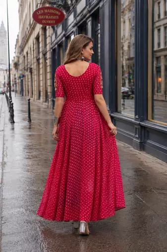 red georgette free size stitched navratri anarkali with bandhani & kutchi patchework
