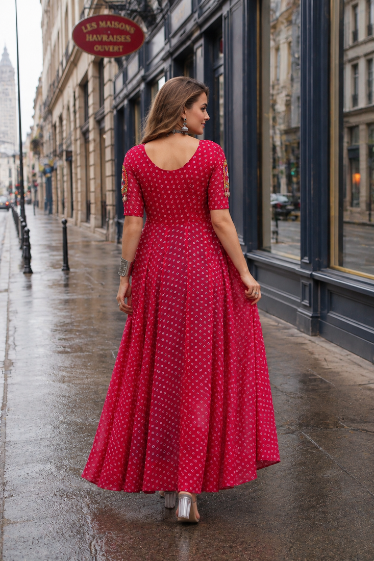 red georgette free size stitched navratri anarkali with bandhani & kutchi patchework