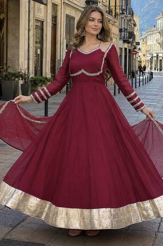 maroon silk blend  readymade anarkali suit with mirror work
