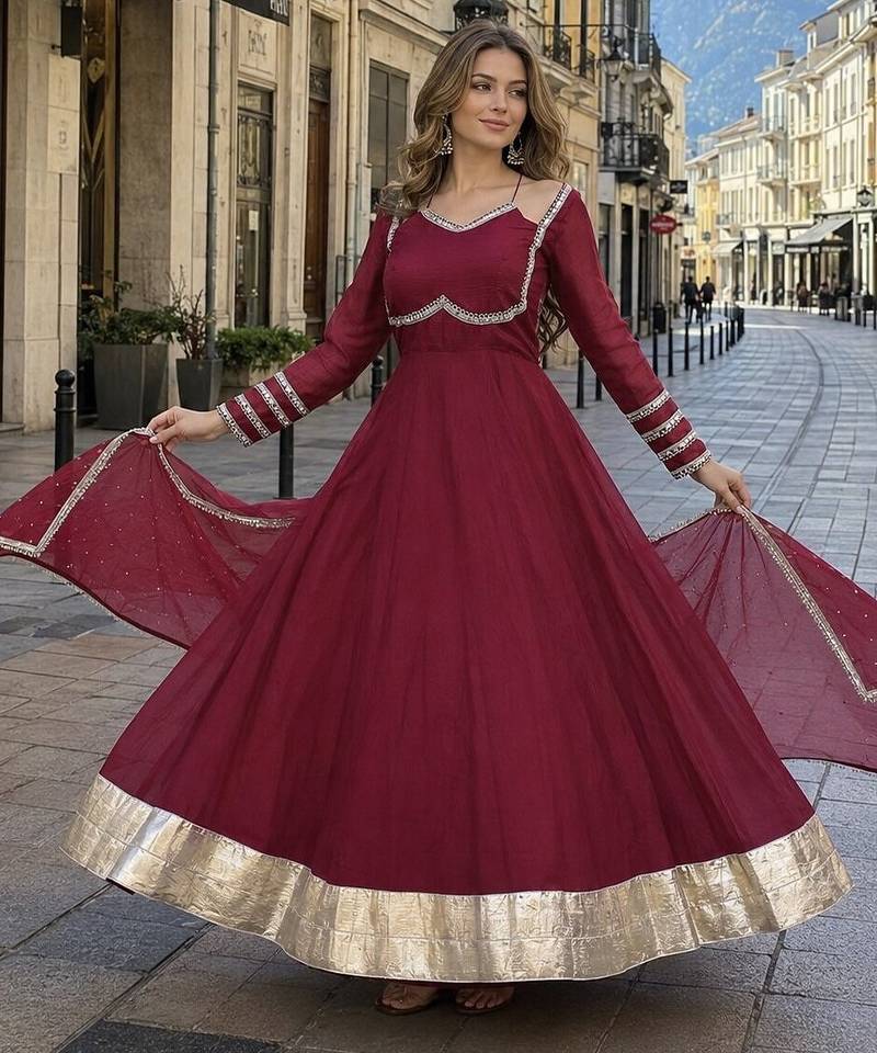 maroon silk blend  readymade anarkali suit with mirror work