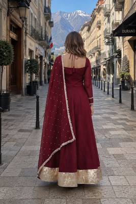 maroon silk blend  readymade anarkali suit with mirror work 2