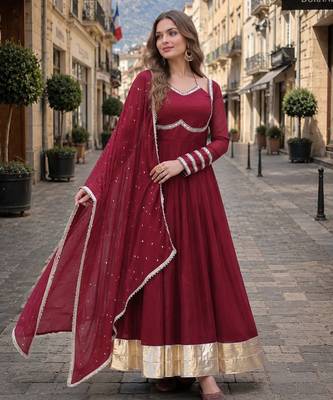 maroon silk blend  readymade anarkali suit with mirror work 3
