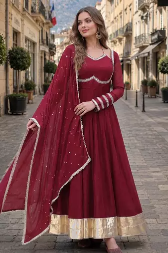 maroon silk blend  readymade anarkali suit with mirror work