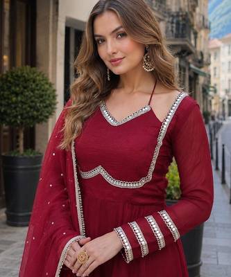 maroon silk blend  readymade anarkali suit with mirror work 4