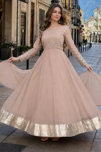 beige silk blend  readymade anarkali suit with mirror work