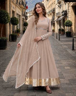 beige silk blend  readymade anarkali suit with mirror work 3