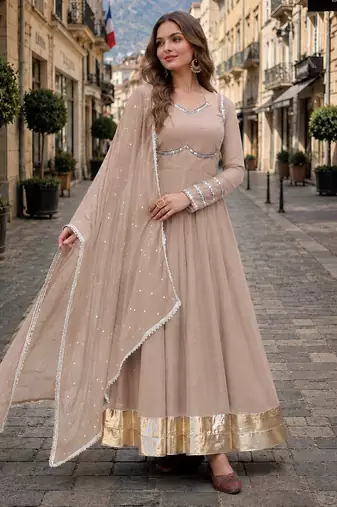 beige silk blend  readymade anarkali suit with mirror work
