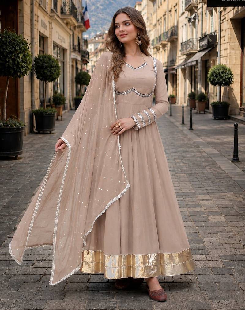 beige silk blend  readymade anarkali suit with mirror work
