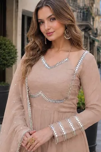 beige silk blend  readymade anarkali suit with mirror work