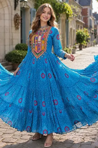 blue georgette free size stitched navratri anarkali with bandhani & kutchi patchework