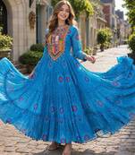 blue georgette free size stitched navratri anarkali with bandhani & kutchi patchework