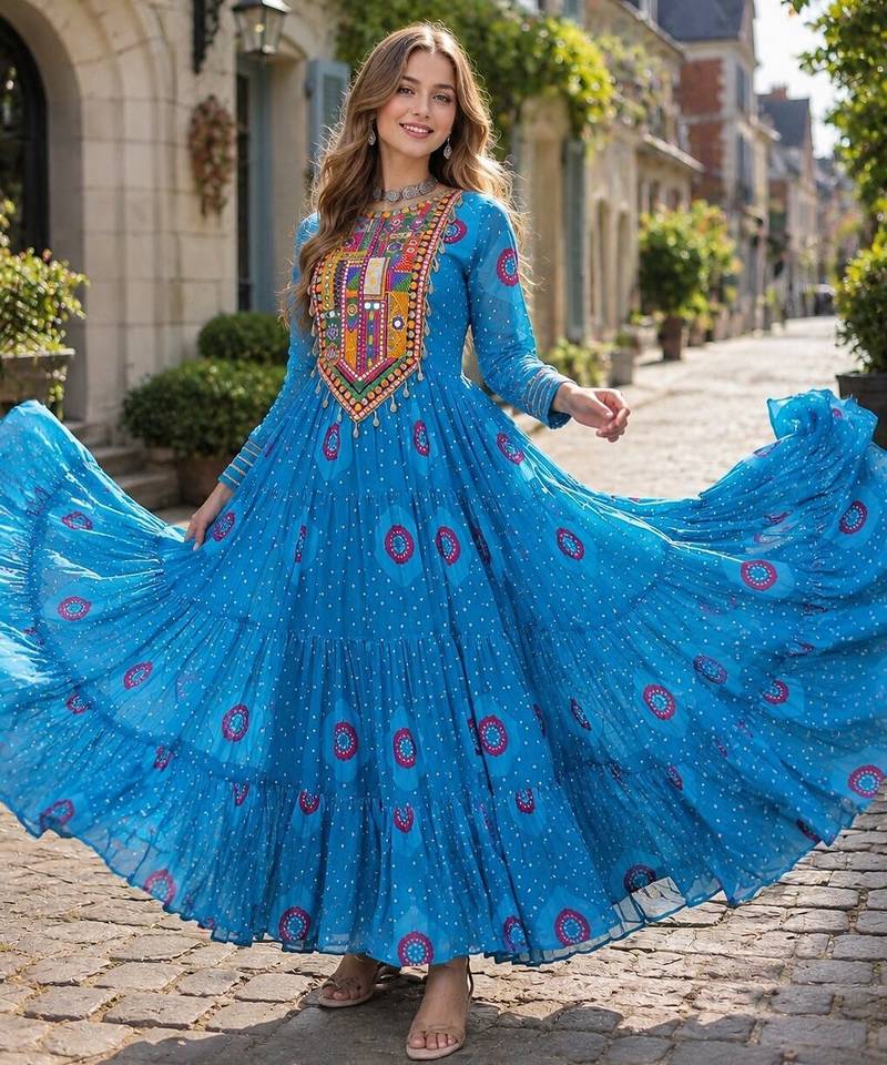 blue georgette free size stitched navratri anarkali with bandhani & kutchi patchework
