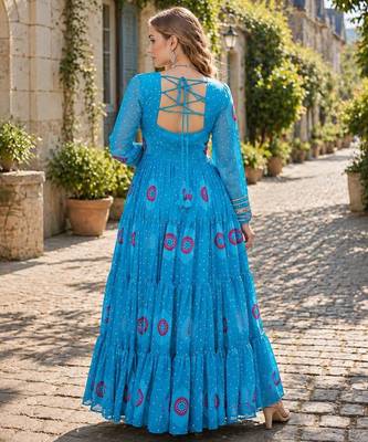 blue georgette free size stitched navratri anarkali with bandhani & kutchi patchework 2