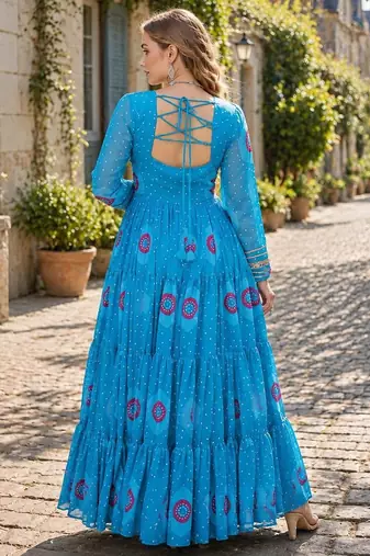 blue georgette free size stitched navratri anarkali with bandhani & kutchi patchework