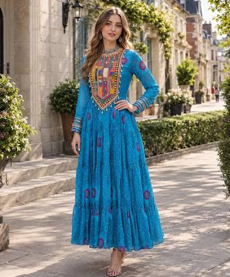 blue georgette free size stitched navratri anarkali with bandhani & kutchi patchework 3