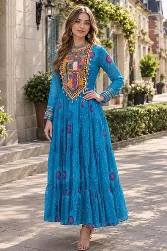 blue georgette free size stitched navratri anarkali with bandhani & kutchi patchework