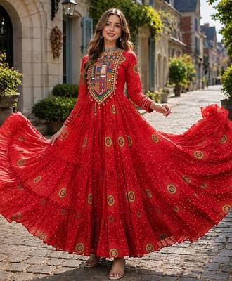 orange georgette free size stitched navratri anarkali with bandhani & kutchi patchework 1