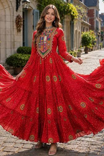 orange georgette free size stitched navratri anarkali with bandhani & kutchi patchework