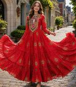 orange georgette free size stitched navratri anarkali with bandhani & kutchi patchework