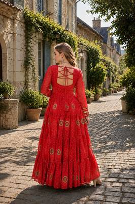 orange georgette free size stitched navratri anarkali with bandhani & kutchi patchework 2