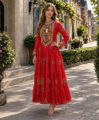 orange georgette free size stitched navratri anarkali with bandhani & kutchi patchework 3