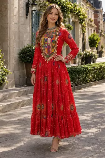 orange georgette free size stitched navratri anarkali with bandhani & kutchi patchework