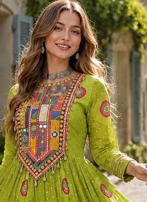 olive georgette free size stitched navratri anarkali with bandhani & kutchi patchework 2