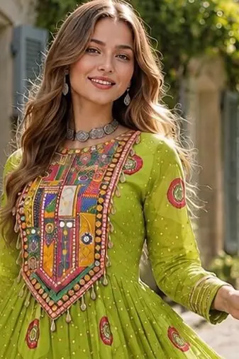 olive georgette free size stitched navratri anarkali with bandhani & kutchi patchework