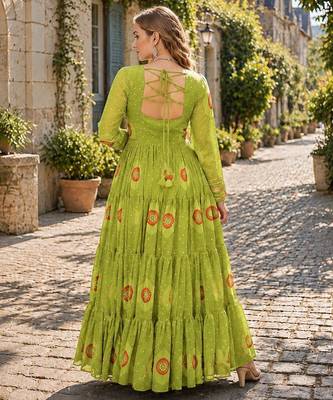 olive georgette free size stitched navratri anarkali with bandhani & kutchi patchework 3