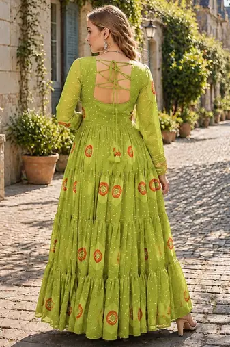 olive georgette free size stitched navratri anarkali with bandhani & kutchi patchework