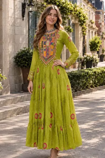 olive georgette free size stitched navratri anarkali with bandhani & kutchi patchework