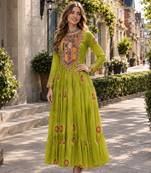 olive georgette free size stitched navratri anarkali with bandhani & kutchi patchework
