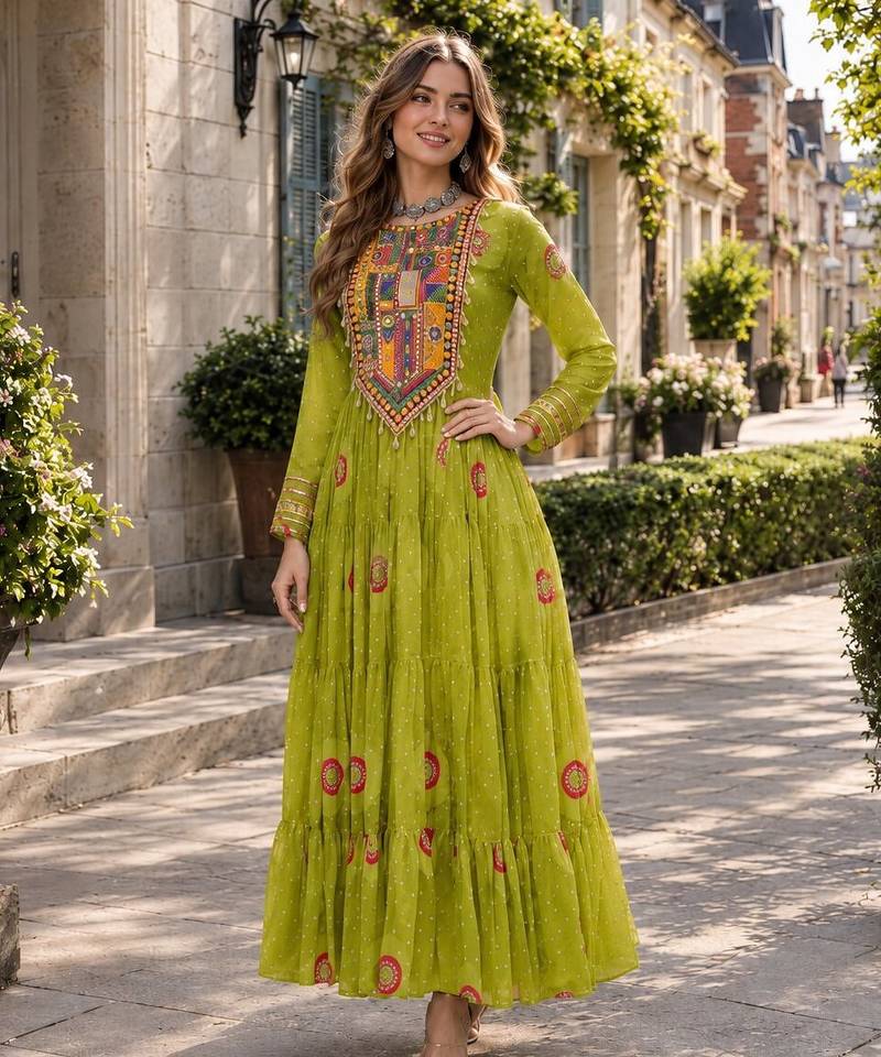 olive georgette free size stitched navratri anarkali with bandhani & kutchi patchework