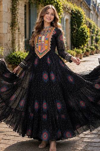 black georgette free size stitched navratri anarkali with bandhani & kutchi patchework