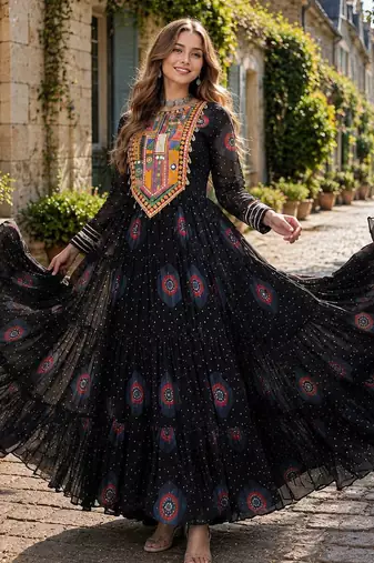black georgette free size stitched navratri anarkali with bandhani & kutchi patchework