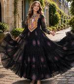 black georgette free size stitched navratri anarkali with bandhani & kutchi patchework