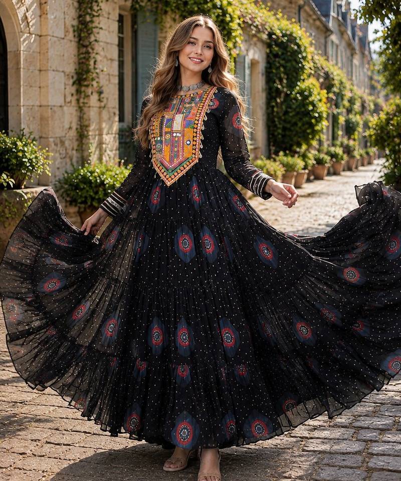 black georgette free size stitched navratri anarkali with bandhani & kutchi patchework