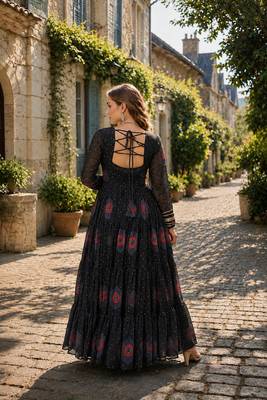 black georgette free size stitched navratri anarkali with bandhani & kutchi patchework 2