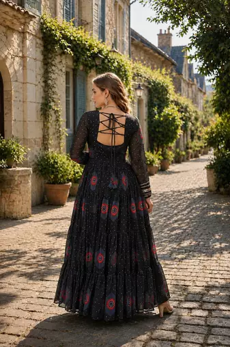 black georgette free size stitched navratri anarkali with bandhani & kutchi patchework