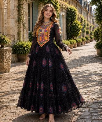 black georgette free size stitched navratri anarkali with bandhani & kutchi patchework 3