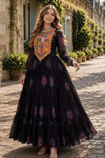 black georgette free size stitched navratri anarkali with bandhani & kutchi patchework