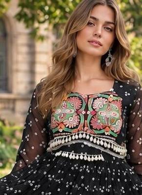 black georgette free size stitched navratri anarkali with bandhani & kutchi patchework 2
