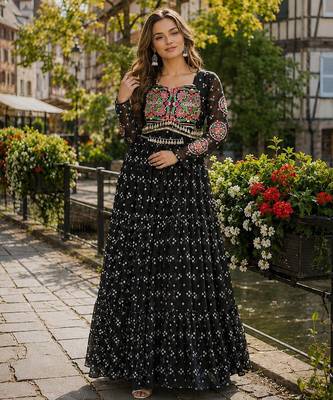 black georgette free size stitched navratri anarkali with bandhani & kutchi patchework 1