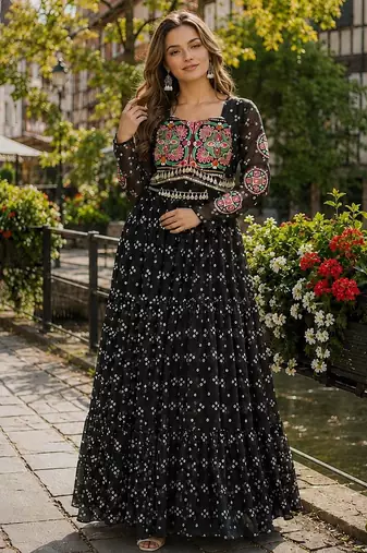 black georgette free size stitched navratri anarkali with bandhani & kutchi patchework