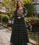 black georgette free size stitched navratri anarkali with bandhani & kutchi patchework