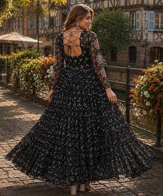black georgette free size stitched navratri anarkali with bandhani & kutchi patchework 3
