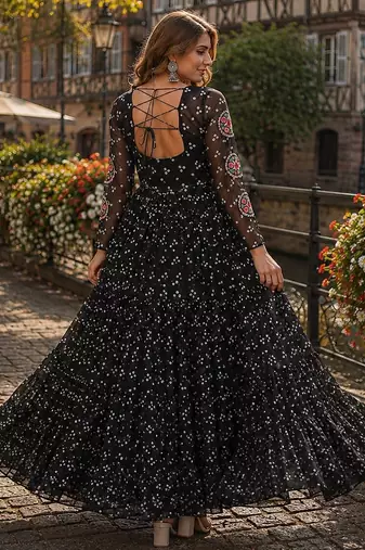 black georgette free size stitched navratri anarkali with bandhani & kutchi patchework