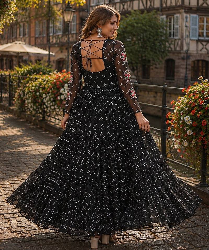 black georgette free size stitched navratri anarkali with bandhani & kutchi patchework
