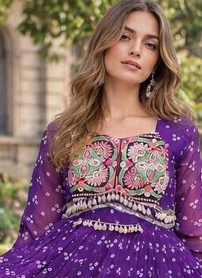 violet georgette free size stitched navratri anarkali with bandhani & kutchi patchework 2